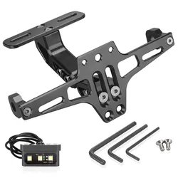 CNC Aluminum Alloy License Plate Braket,AdjustableMotorcycleLicense Plate Holder Bracket with LED Tail Light Kit